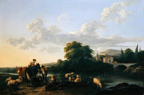 Camponeses e Gado em uma paisagem italiana (óleo sobre painel) de Franciscus Xaverius Xaverij