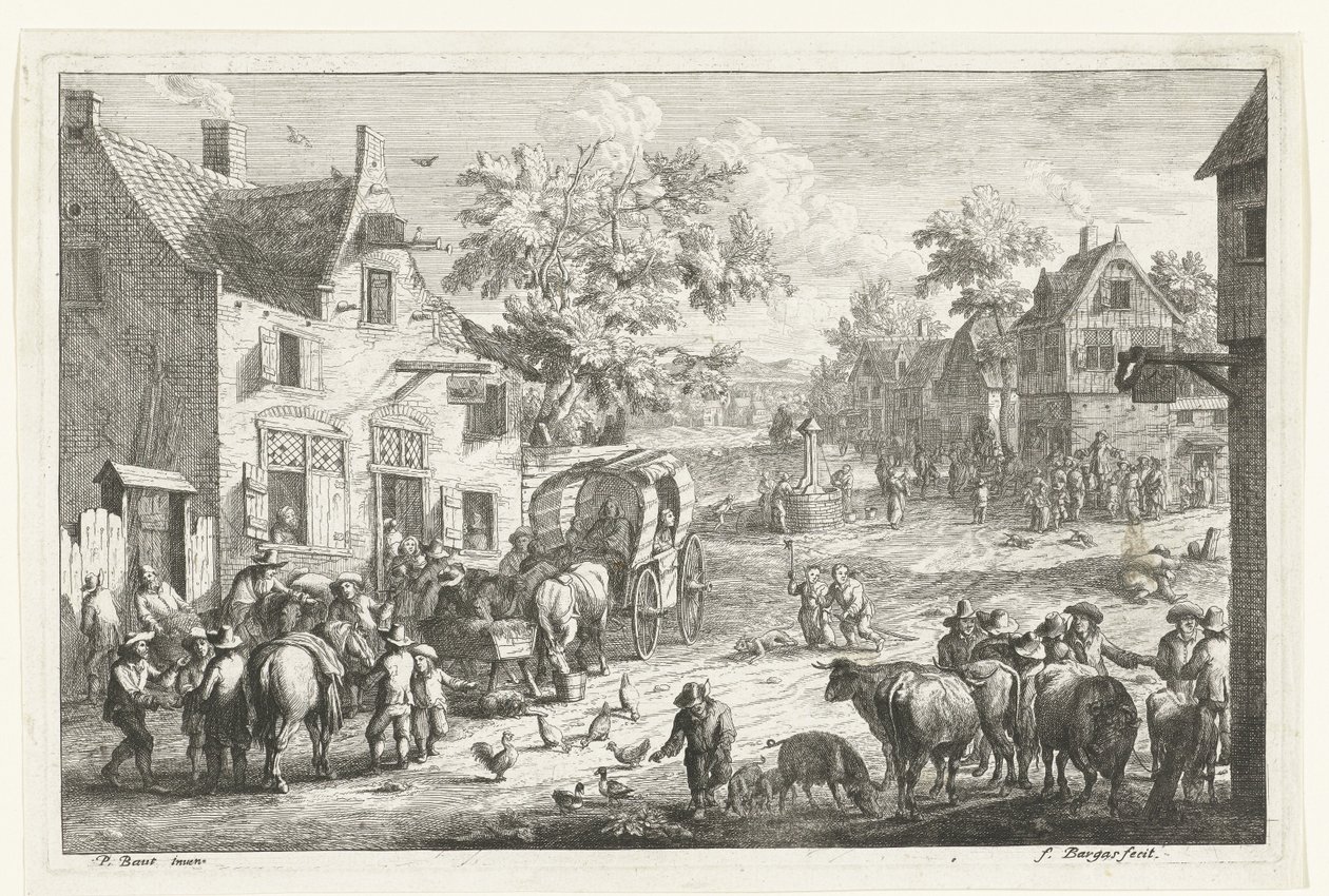 Vista da vila com viajantes e comerciantes de gado na pousada de Franciscus de Bargas