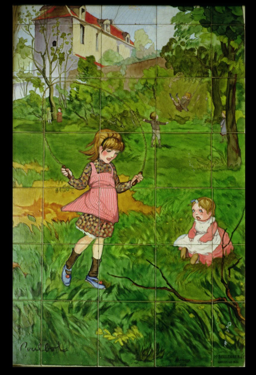 Azulejos decorados com crianças a brincar num jardim (cerâmica vidrada) de Francisque Poulbot