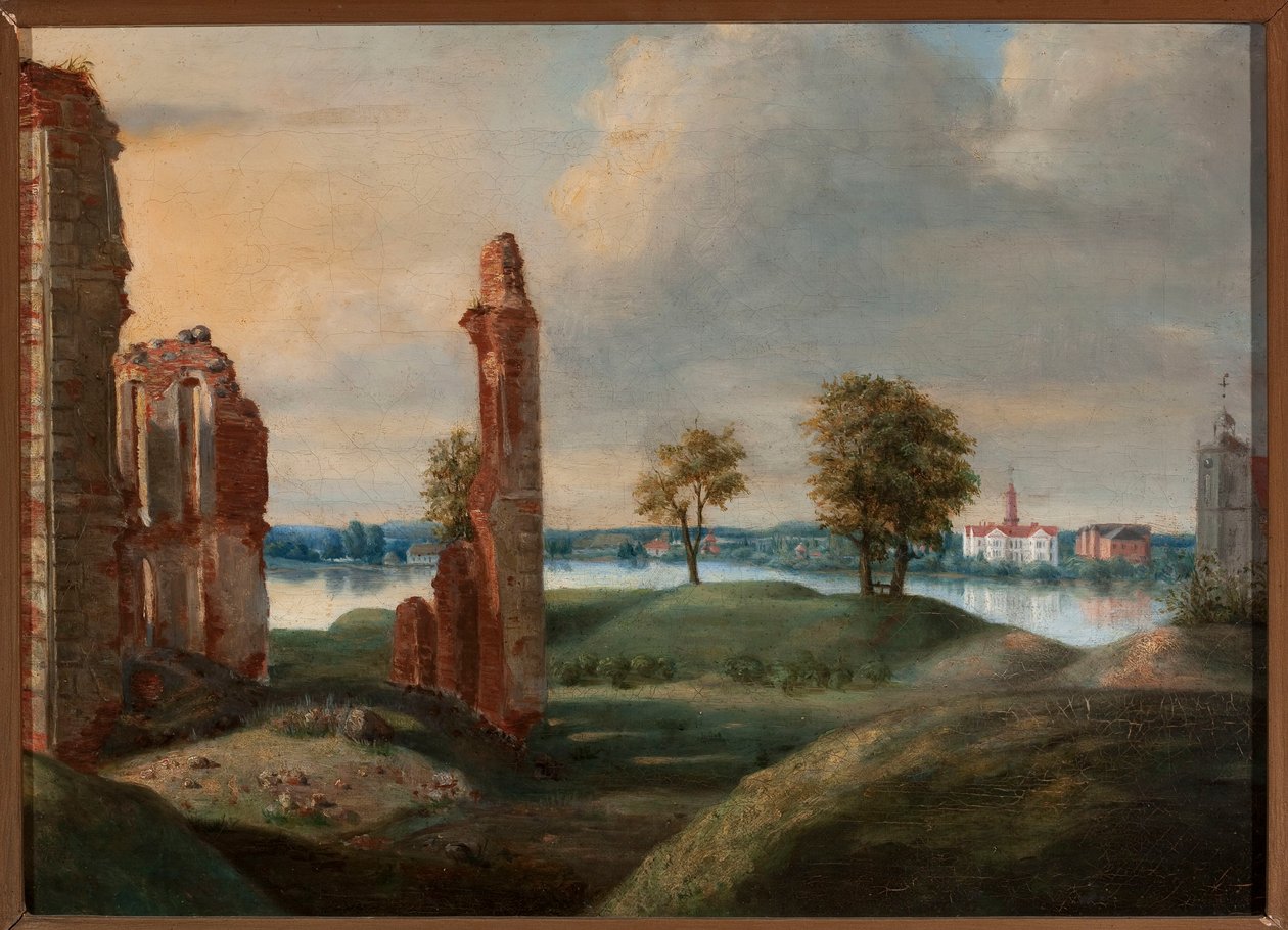 Biržai lituana com as ruínas do castelo dos Radziwiłł de Franciszek Smuglewicz