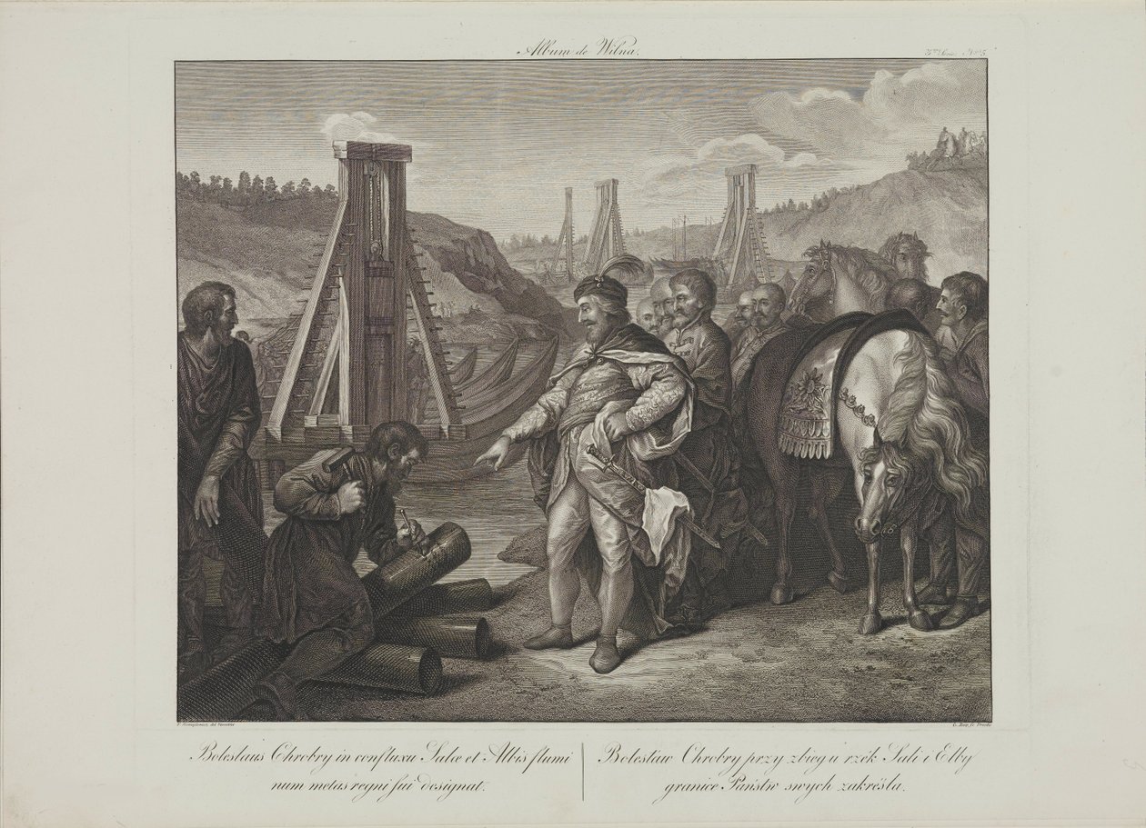 Boleslaw I da Polónia cola postes fronteiriços nos rios Elbe e Saale por Smuglewicz, Franciszek (1745-1807). Litografia, Fim do século XVIII. Colecção Privada de Franciszek Smuglewicz
