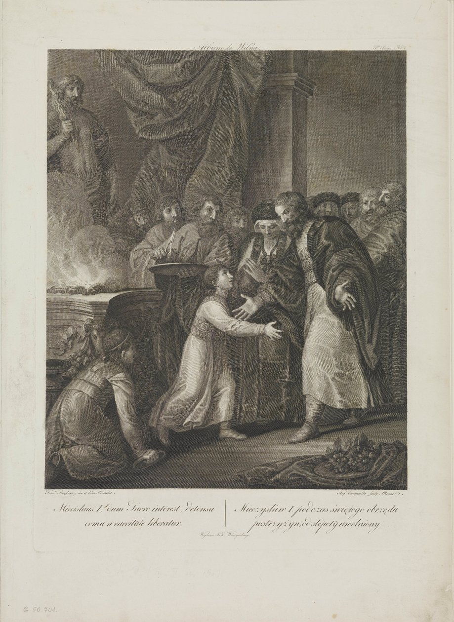 Mieszko I da Polônia recebe a tonsura de Smuglewicz, Franciszek (1745-1807). Litografia, final do séc. XVIII. Colecção Particular de Franciszek Smuglewicz