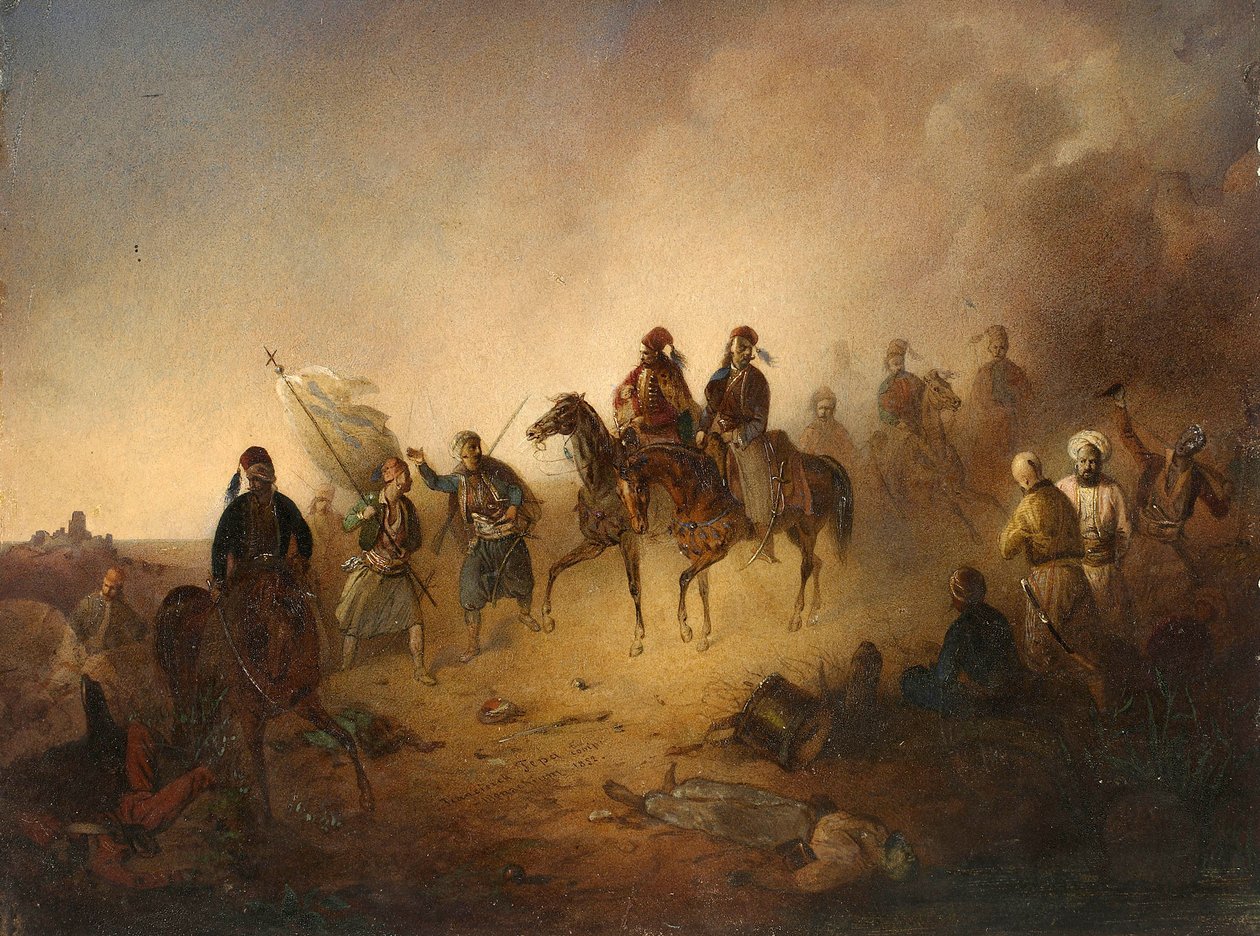 Markos Botzaris (Botsaris) (vers 1788-1823) na Batalha de Karpenisi, na noite de 8 de agosto de Franciszek Tomasz Tepa
