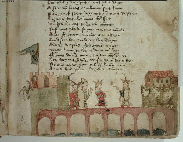 Ms Est 27 W 8.17 f.2r Um Encontro sobre uma Ponte, da Guerra de Átila por Nicola da Casola de Franco Italian School