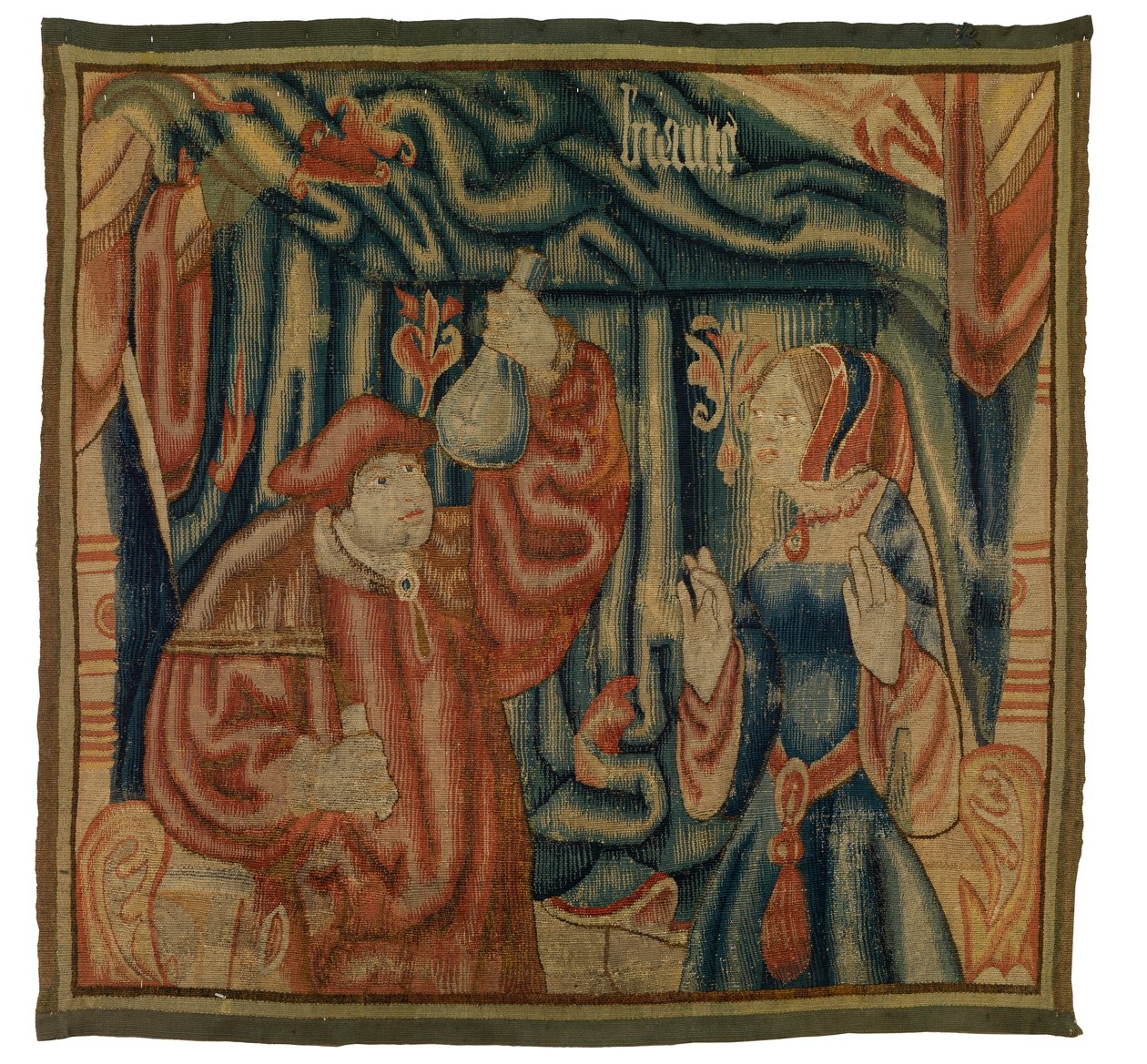 Fragmento de tapeçaria representando um interior com um médico e uma mulher, Beaute, francesa ou flamenga, feita no início do século XVI (lã) de Franco Flemish School