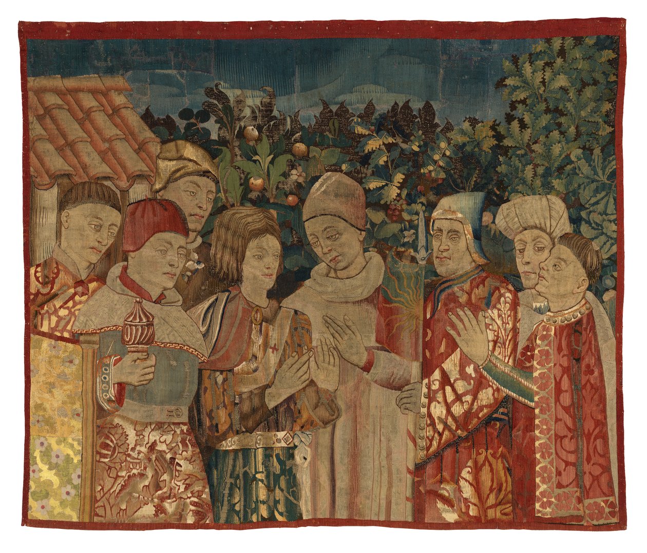 Fragmento de tapeçaria não identificado com oito figuras, possivelmente uma Disputa, 2ª metade do século XV (lã) de Franco Flemish School