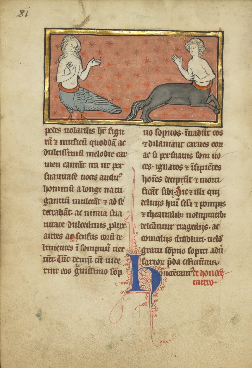 Uma sereia e um centauro de um bestiário Sra. Ludwig XV 4, fol. 81v, c.1280-1300 (têmpera, caneta e tinta, folha de ouro e tinta em pergaminho) de Franco Flemish School