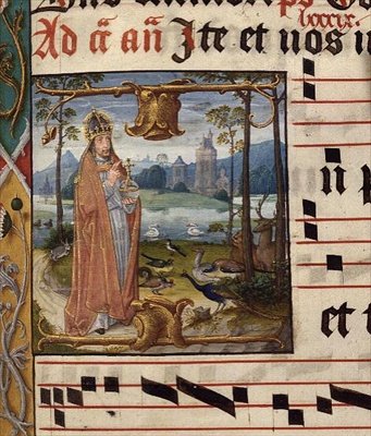 MS.41.f.84r Deus cercado de pássaros e animais, Antífona para Septuagesima (3º domingo antes da Quaresma), c.1490-1500 (vellum) de Franco Flemish School