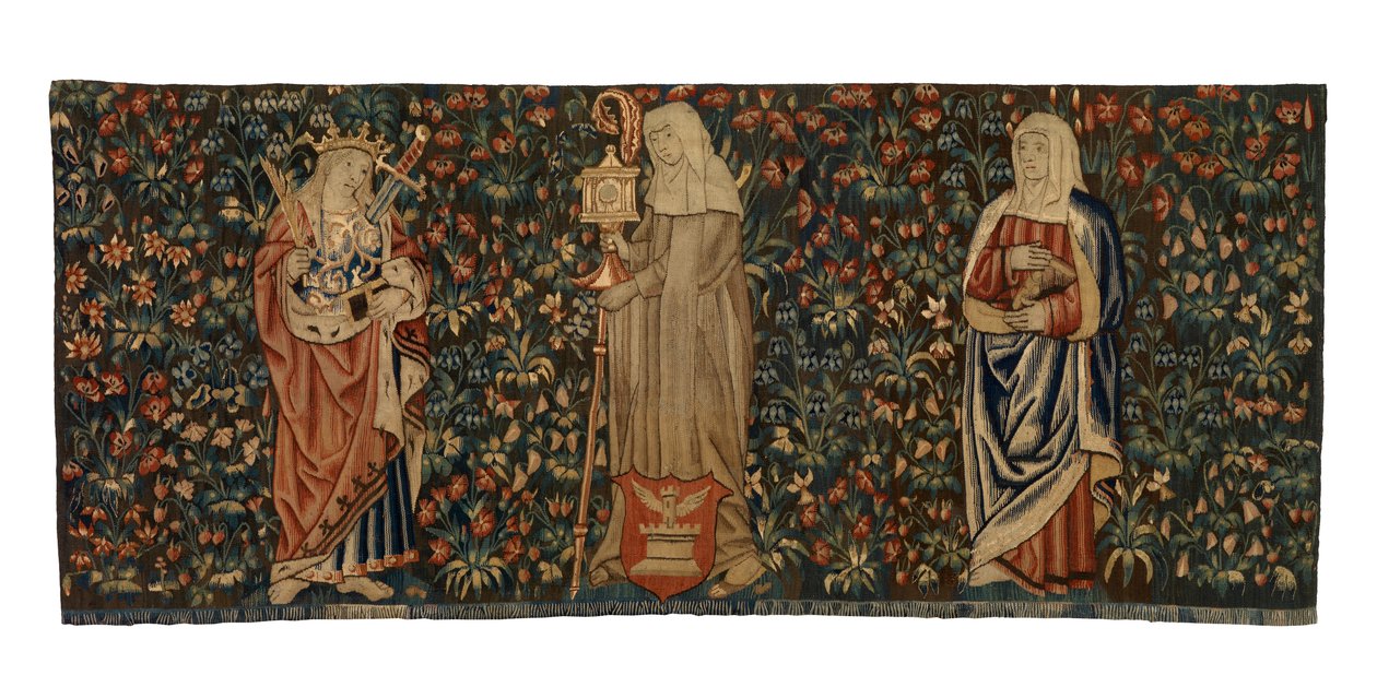 Tapeçaria "Mille fleurs", frente de altar, representando três santos, Santa Ana, Santa Clara e Santa Eufémia, fabrico c.1500, francês ou flamengo (lã) de Franco Flemish School