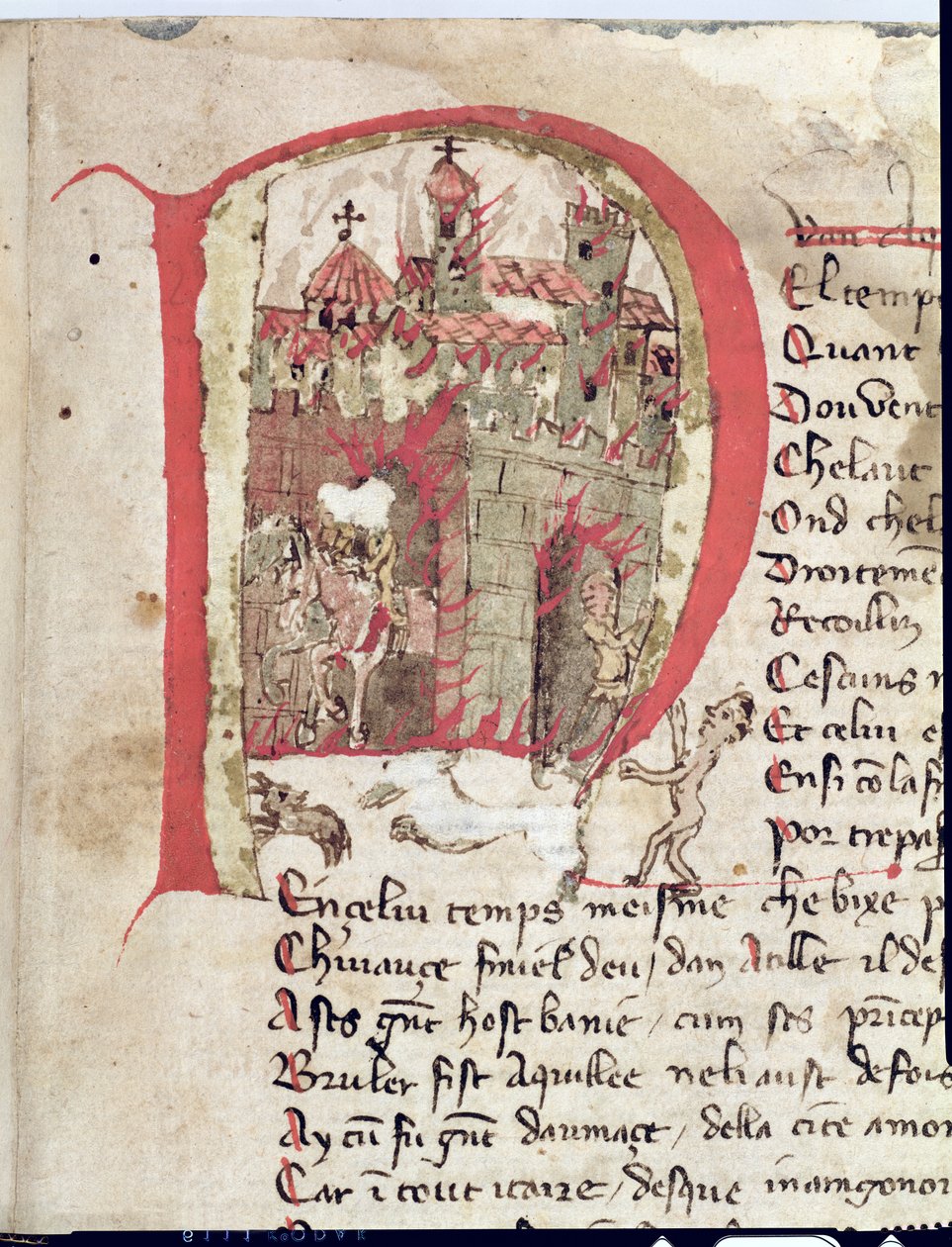 Ms Est 27 W 8.17 f.1r Inicial Historiada representando Átila, o Huno (c.406-453) queimando a cidade de Áquila da Guerra de Átila por Nicola da Casola de Franco Italian School