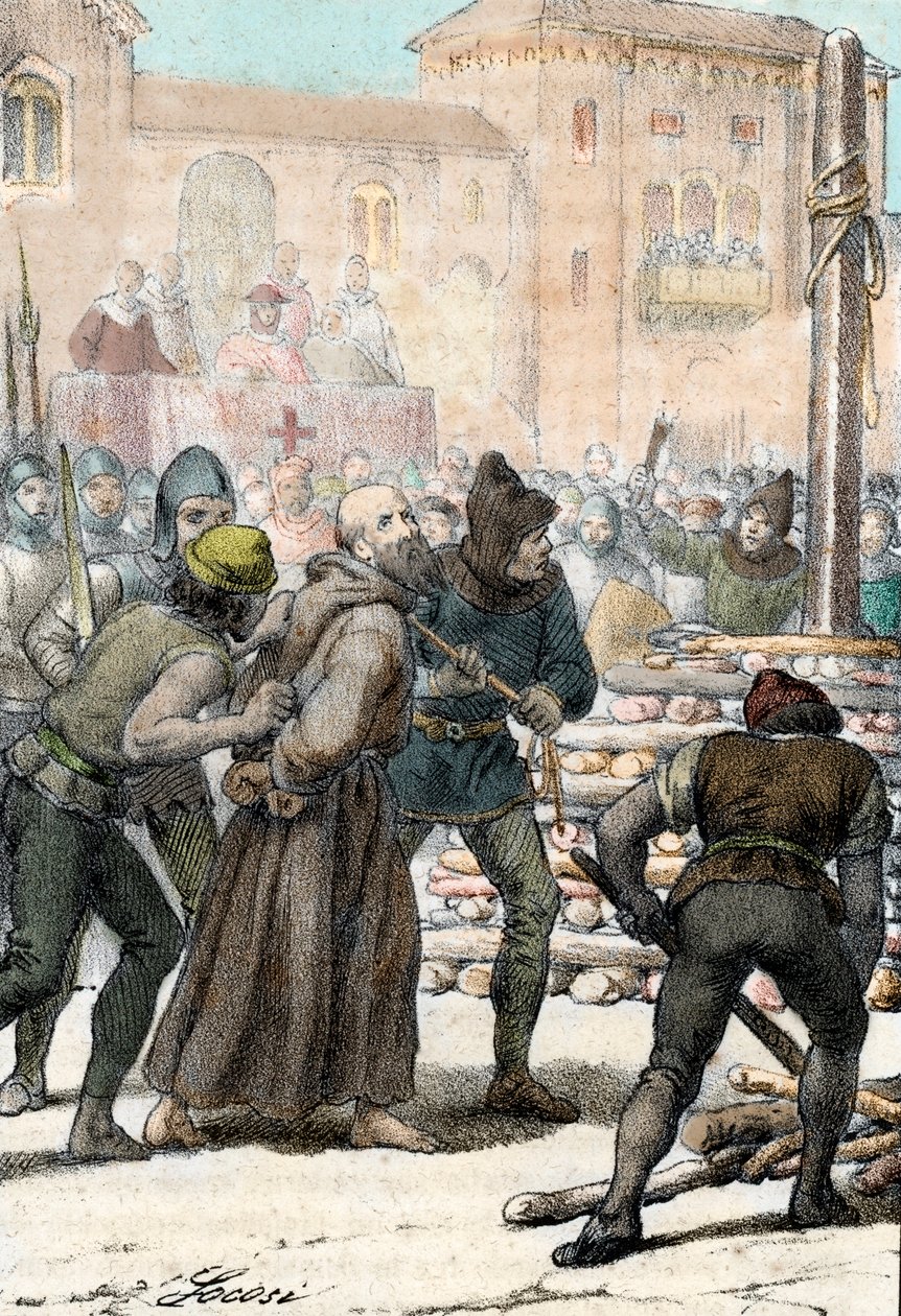 Execução do reformador religioso italiano Arnaldo da Brescia (Arnaud de Brescia) (1100-1155) em 18 de Junho 1155 (A queima do cânone italiano regular Arnold (Arnaldus) de Brescia Junho 1155) Gravura de "I misteri del vaticano" de Franco Mistrali 1861 Pri de Franco Mistrali