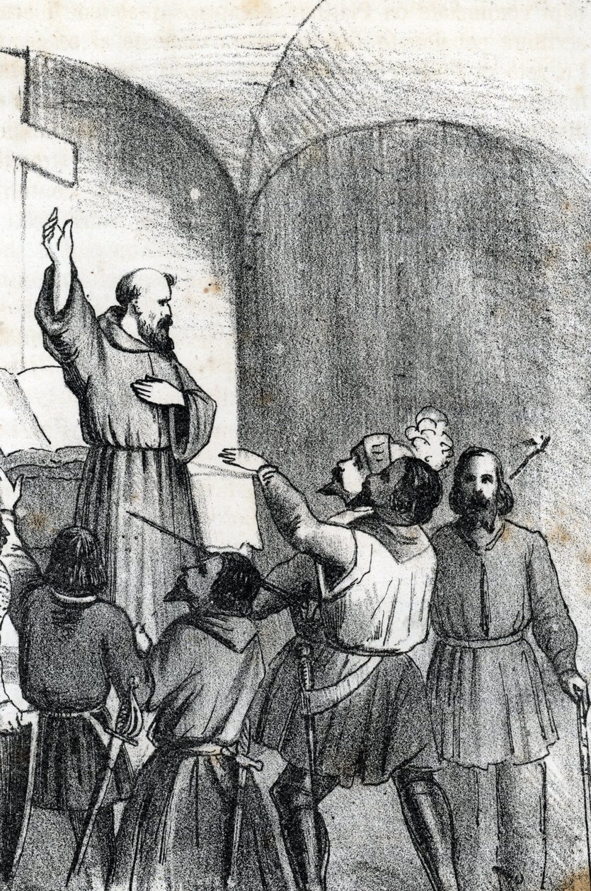 Quarta Guerra Veno-Otomana: a Igreja chamando a vencer os muçulmanos na véspera da batalha naval de Lepante que despertou em 7 de Outubro de 1571 no Golfo de Patras, Grécia (coligação cristã na véspera da batalha de Lepanto durante o OtomanoðVeneti de Franco Mistrali