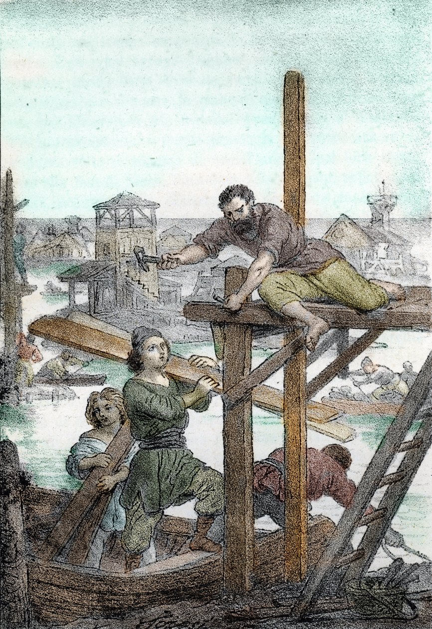 Refugiados caçados pelos hunos de Átila instalam as fundações da cidade de Veneza, século V (Fundação de Veneza pelos refugiados caçados pelo bárbaro de Átila, século V) Desenho de "I misteri del vaticano" de Franco Mistrali 1846 de Franco Mistrali