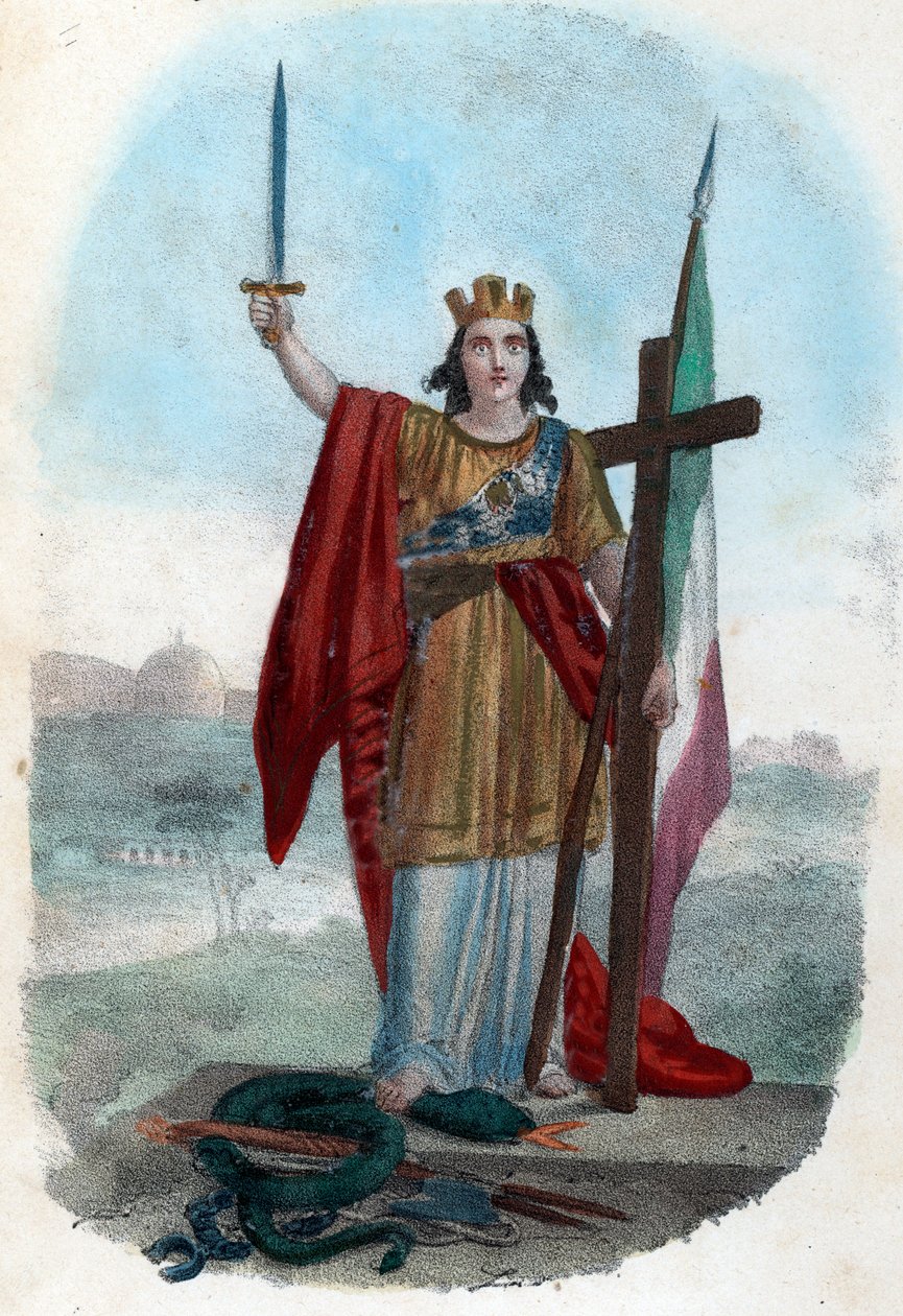 Risorgimento: Representação alegórica da Itália triunfante de pé sobre a serpente da igreja corrompida e erguendo uma espada com uma cruz e uma bandeira, símbolos do risorgimento político, religioso e civil) Frontispice pneu de "I misteri del vaticano" por de Franco Mistrali
