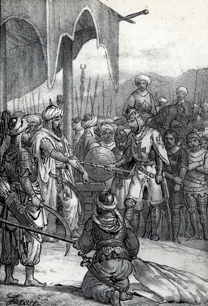 Sétima Cruzada: O rei Luís IX foi feito prisioneiro na Batalha de Fariskur a 6 de Abril de 1250 (Sétima Cruzada): Rei Luís IX prisioneiro na Batalha de Fariskur, 6 de Abril de 1250) Desenho de "Misteri del Vaticano" de Franco Mistrali de Franco Mistrali
