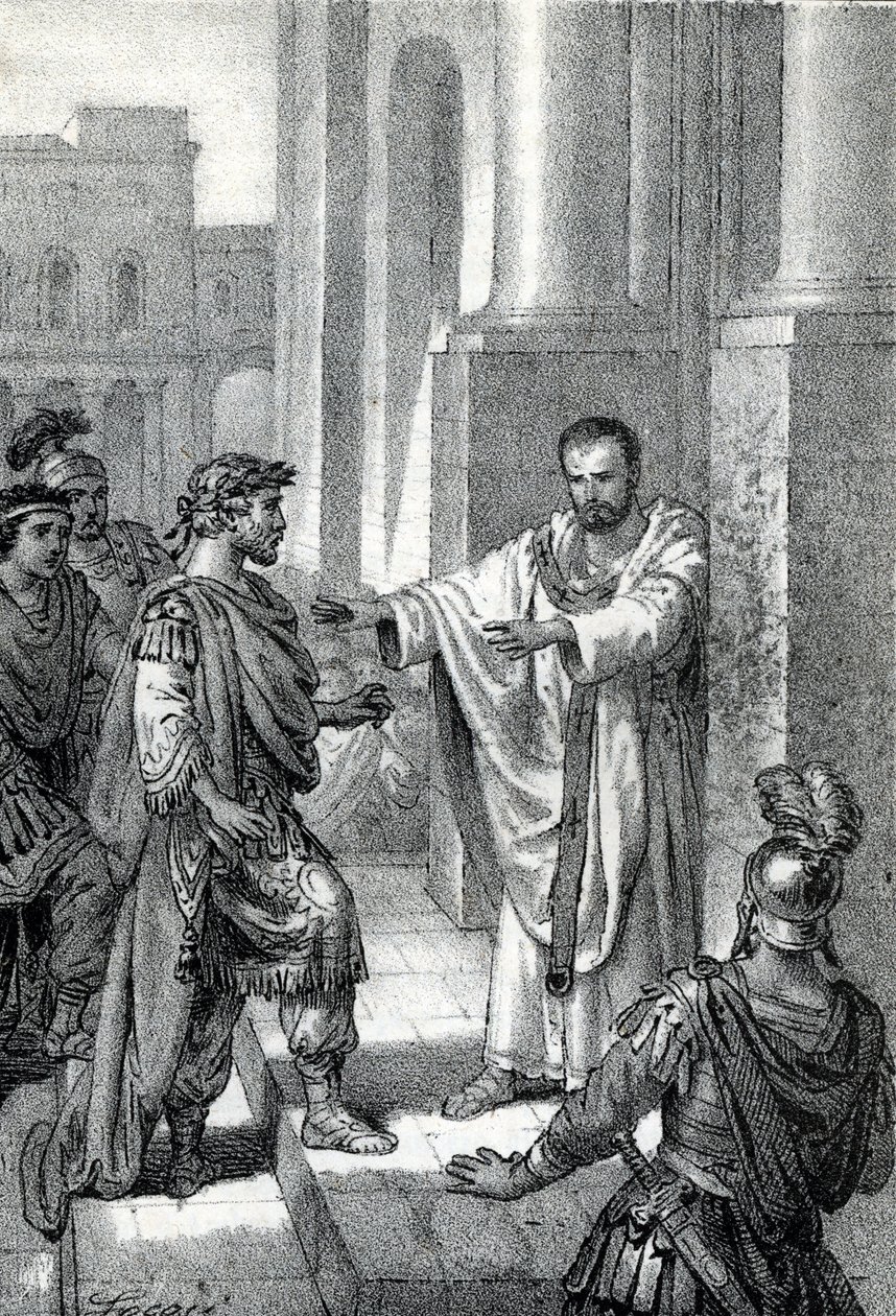 O arcebispo Santo Ambrósio de Milão (Aurelius Ambrosius, Ambrogio di Milano (340-397) proibiu a entrada da igreja ao imperador romano Theodosius I (Flavius Theodosius) (347-395) para o castigar pelo massacre de Tessalónica em 390 - Excommunicati de Franco Mistrali