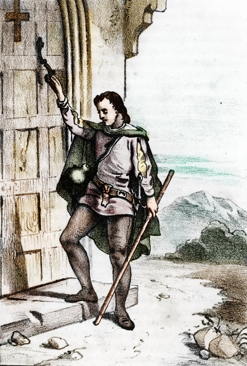 O jovem Jerome Savonarole (Girolamo Savonarola) (1452-1498) a bater à porta do convento dominicano de Santo Domenico em Bolonha em 1475 (Girolamo Savonarola quando jovem bateu à porta do convento de São Domenico, da Ordem dos Frades de Franco Mistrali