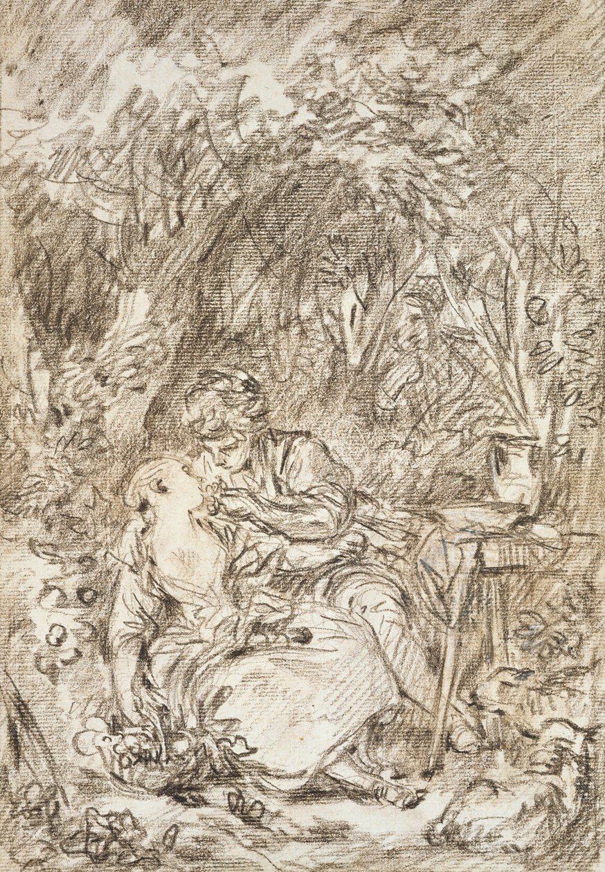 A Couple Embracing- Annette e Lubin (giz vermelho sobre papel) de François Boucher