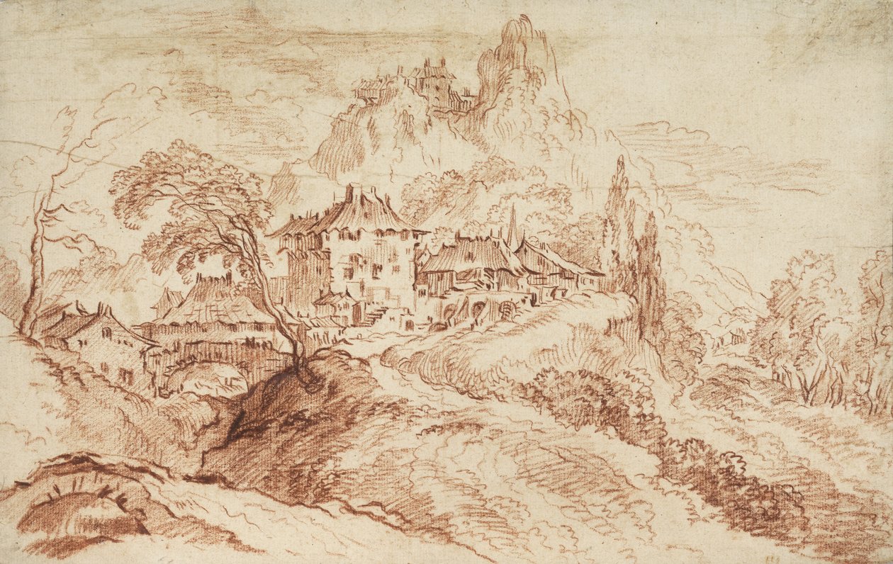Uma aldeia italiana em uma paisagem montanhosa (giz vermelho sobre papel) de François Boucher