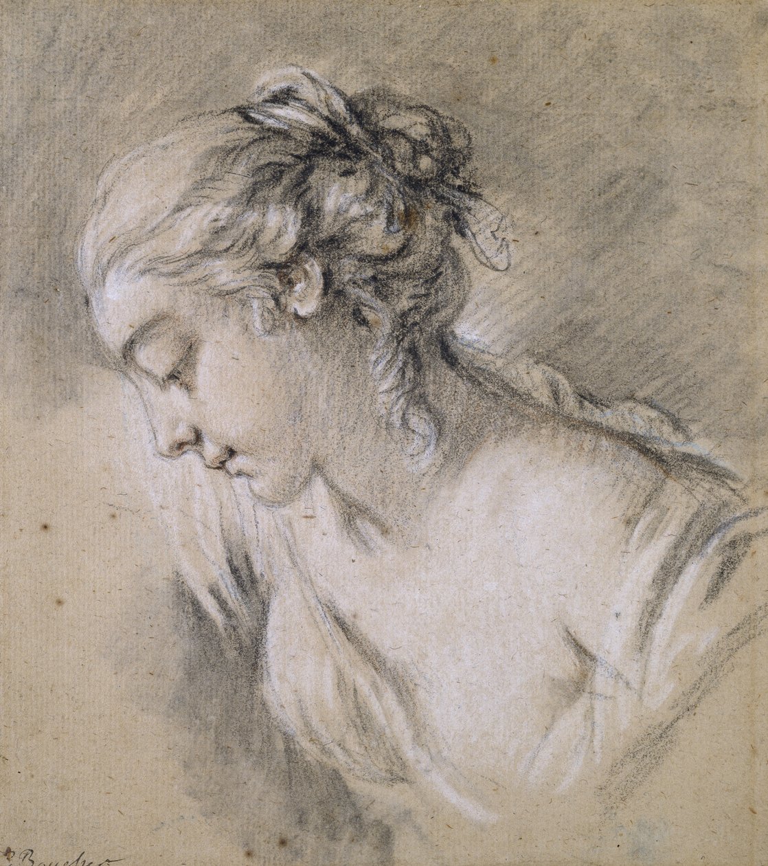 Busto de uma garota de perfil para a esquerda (giz no papel) de François Boucher