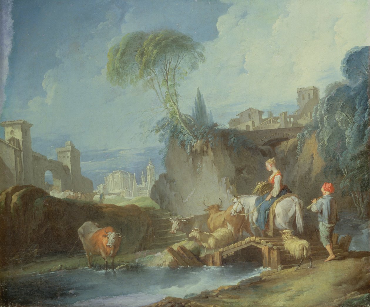 Atravessando a ponte, final da década de 1730 (metade esquerda da pintura original com 73442) de François Boucher