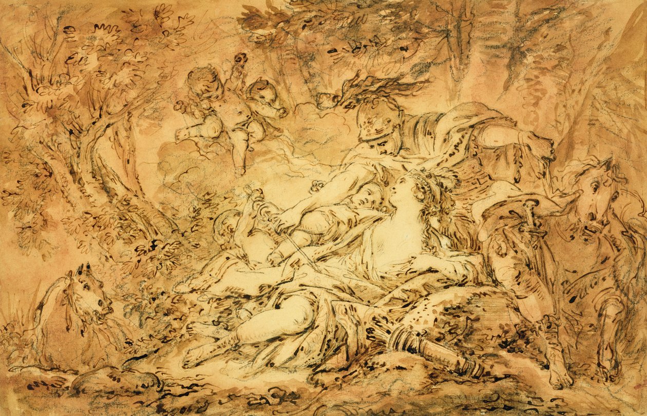 Rinaldo e Armida (caneta e tinta marrom, marrom e rosa, sobre giz preto sobre papel) de François Boucher