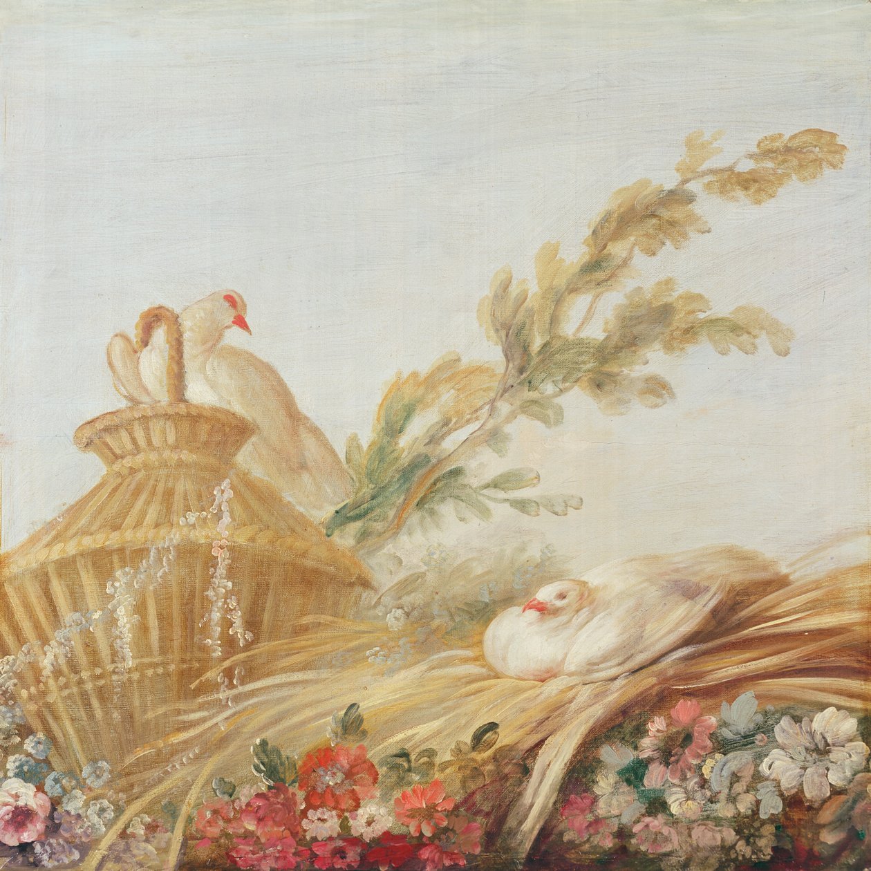 Salão do impressor Gilles Demarteau, acima da porta; pombas que sentam seus ovos no feno, 1750-65 de François Boucher