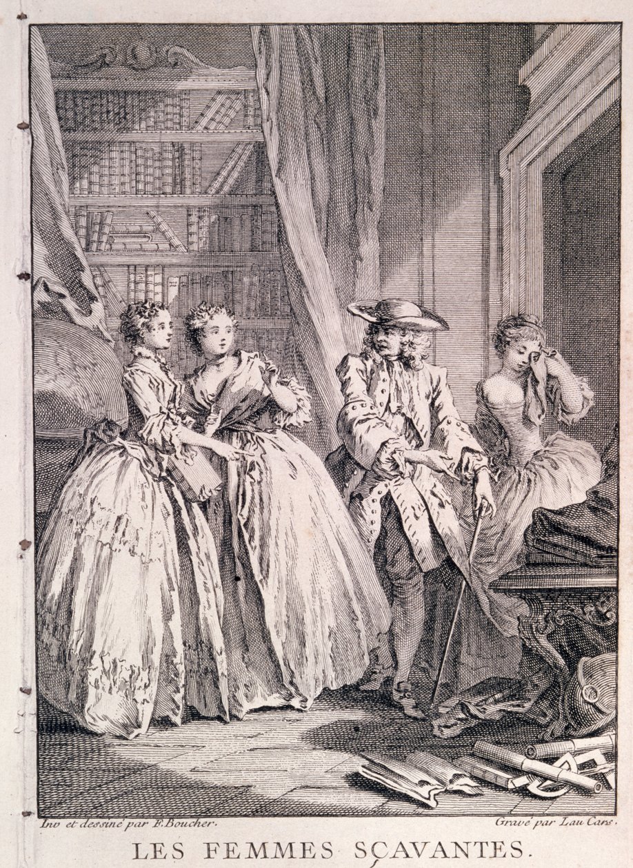 Cena de &39;Les Femmes Savantes&39; (meias azuis) por Molière (1622-1673), gravada por Laurent Cars de François Boucher