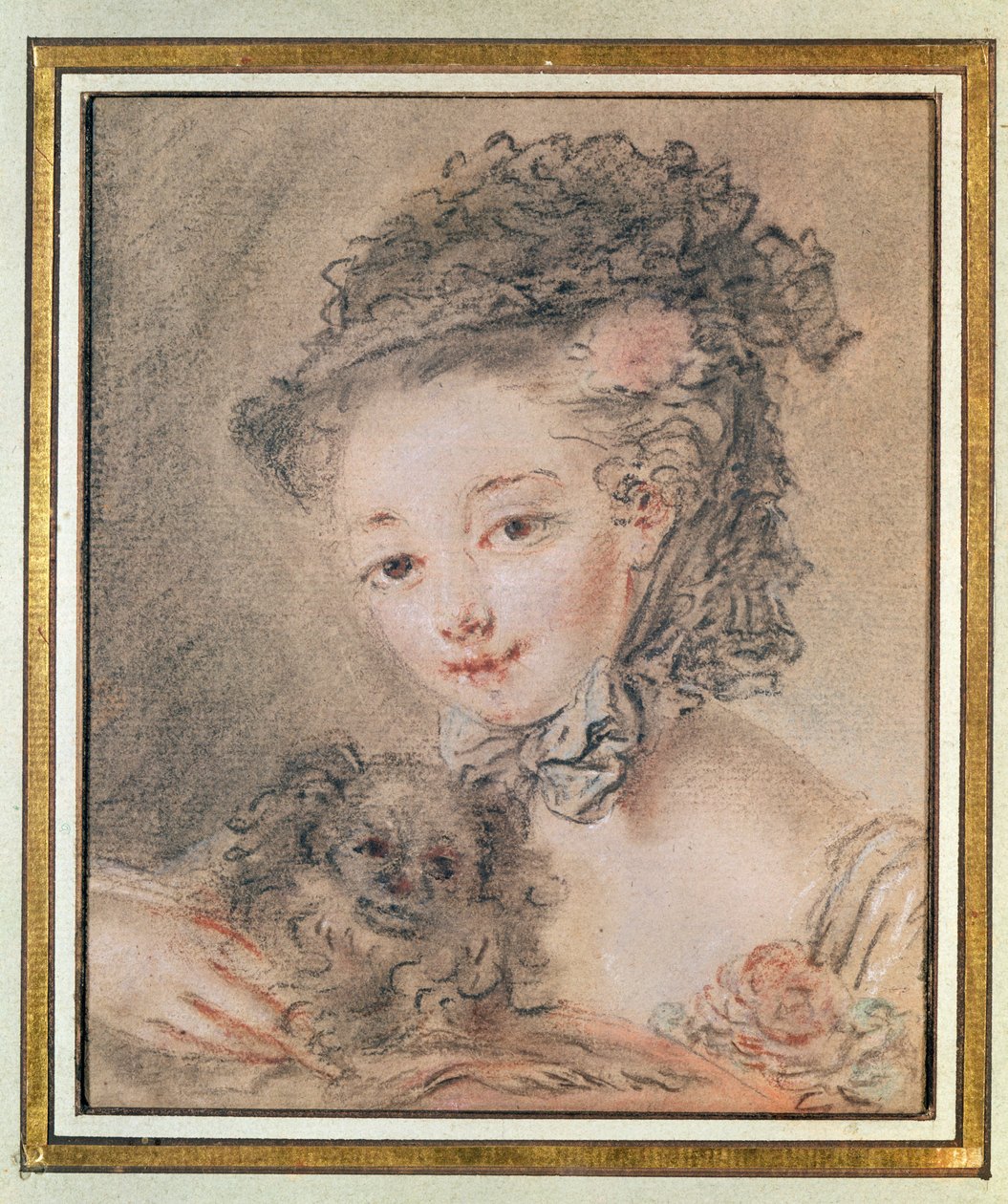 Menina jovem, com, um, cachorro pequeno, (carvão vegetal, und, giz vermelho, ligado, papel) de François Boucher