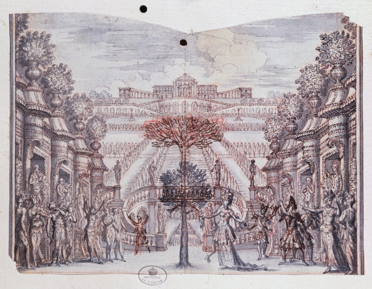 Cenário para &39;Atys&39;, de uma coleção intitulada &39;Les Menus Plaisirs du Roi&39; (giz francês, caneta e tinta) de Francois Chauveau