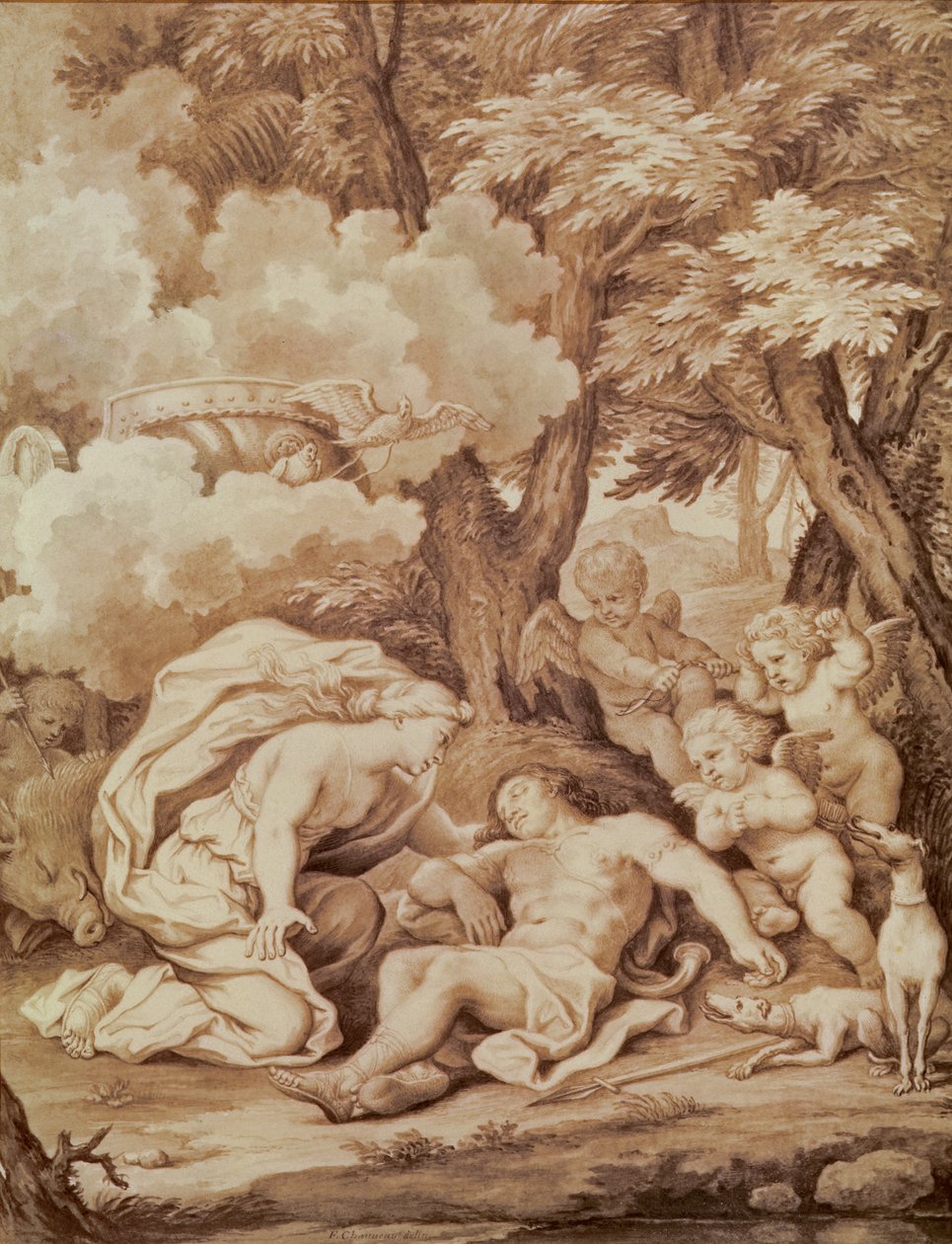 Vênus Descobrindo Adonis, de &39;Adonis&39; de Jean de La Fontaine (1621-95) de Francois Chauveau