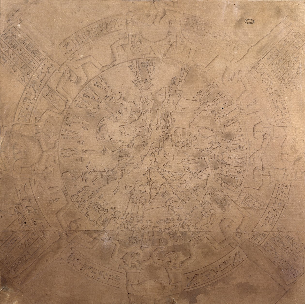Planisphere astrológico do zodíaco de Denderah, do teto da capela no templo de Hathor, Denderah, Egito, 1822 (caneta, lápis e wc no papel) de Francois Chretien Gau