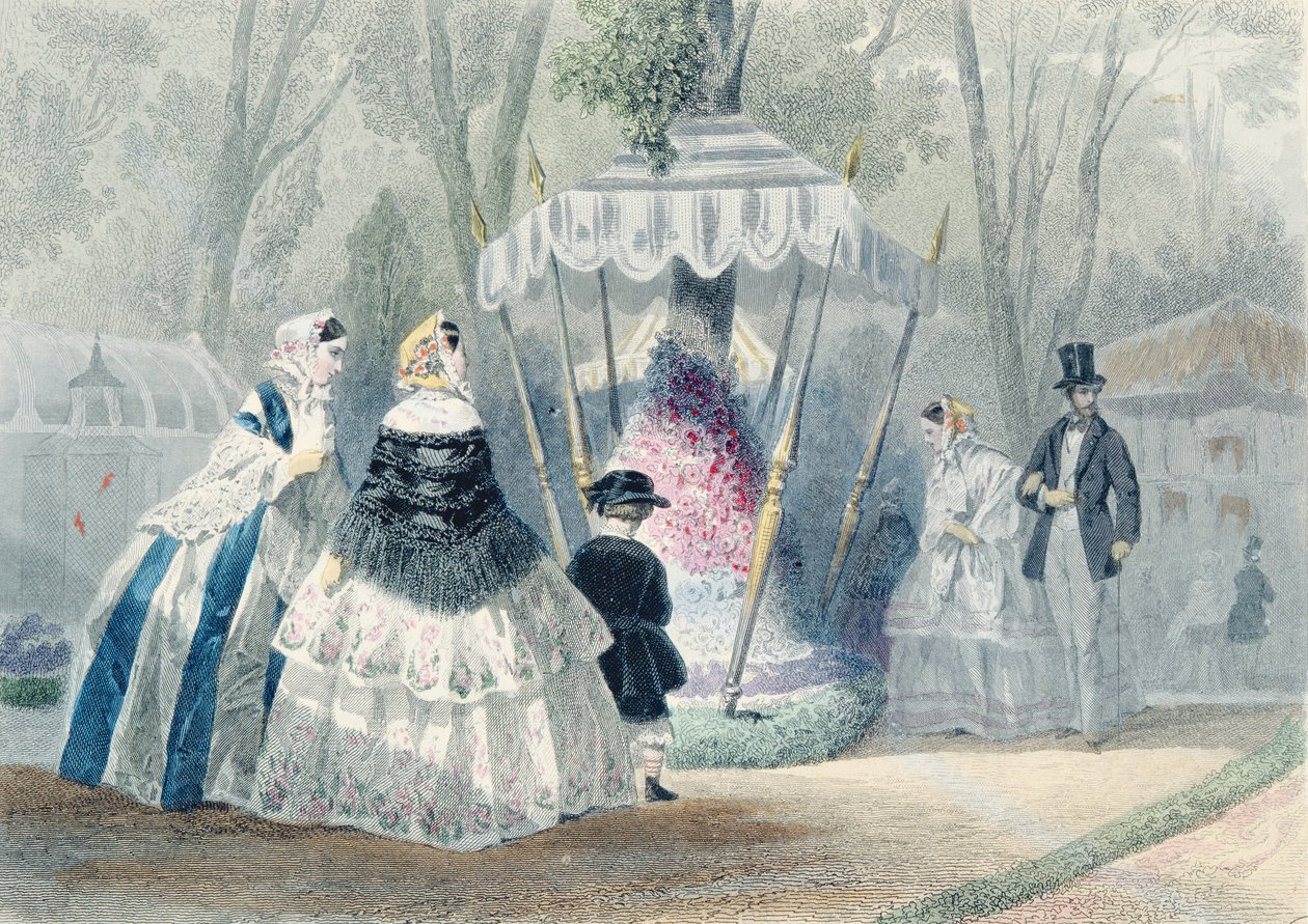 Exposição de Horticultura, de &39;Journal les Modes Parisiennes&39;, impressa em Paris (gravura a cores) de Francois Claudius Compte Calix