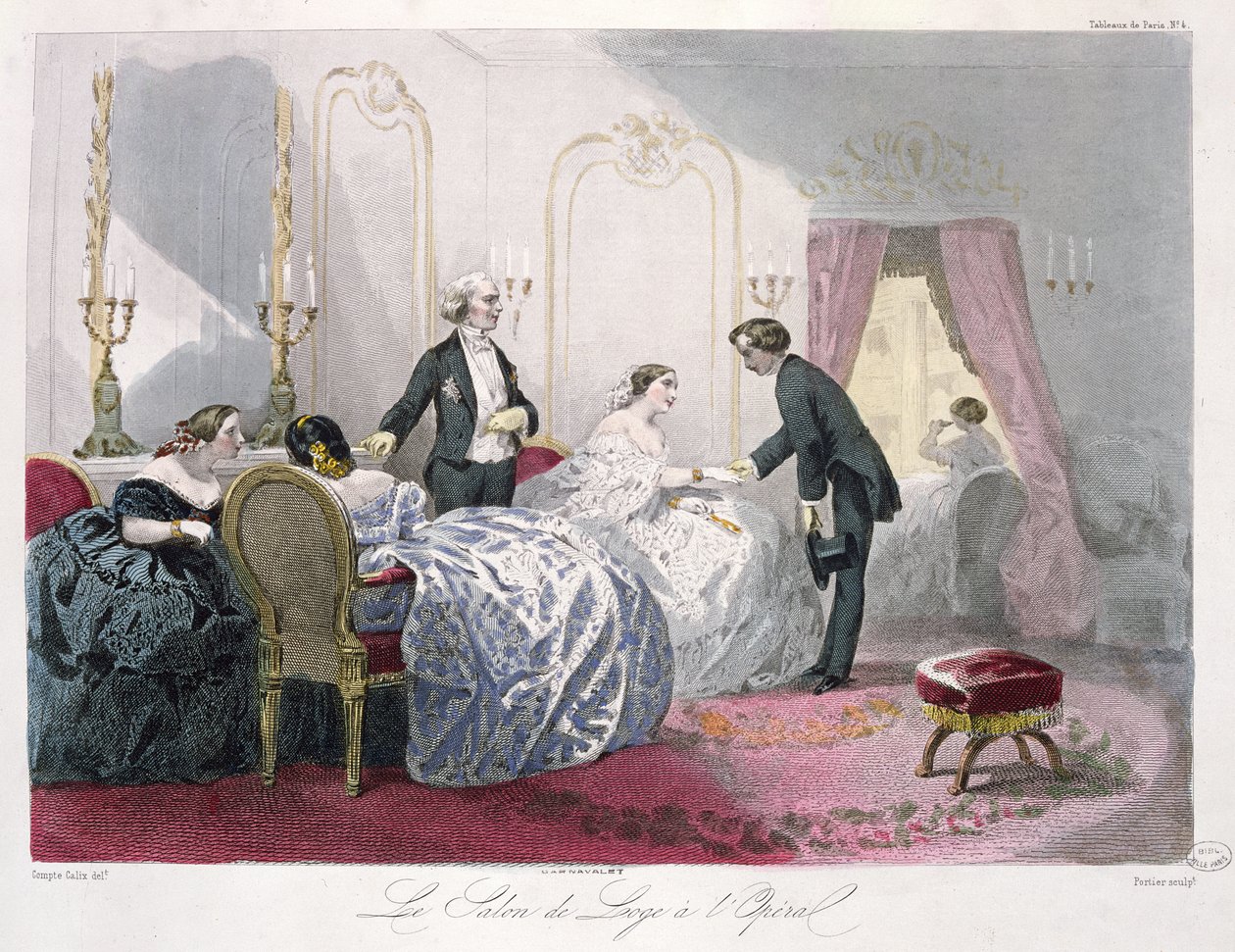 O Salon de lodge na Opera (provavelmente quarto Le Peletier), de &39;Journal les Modes Parisiennes&39;, impresso em Paris (gravura a cores) de Francois Claudius Compte Calix