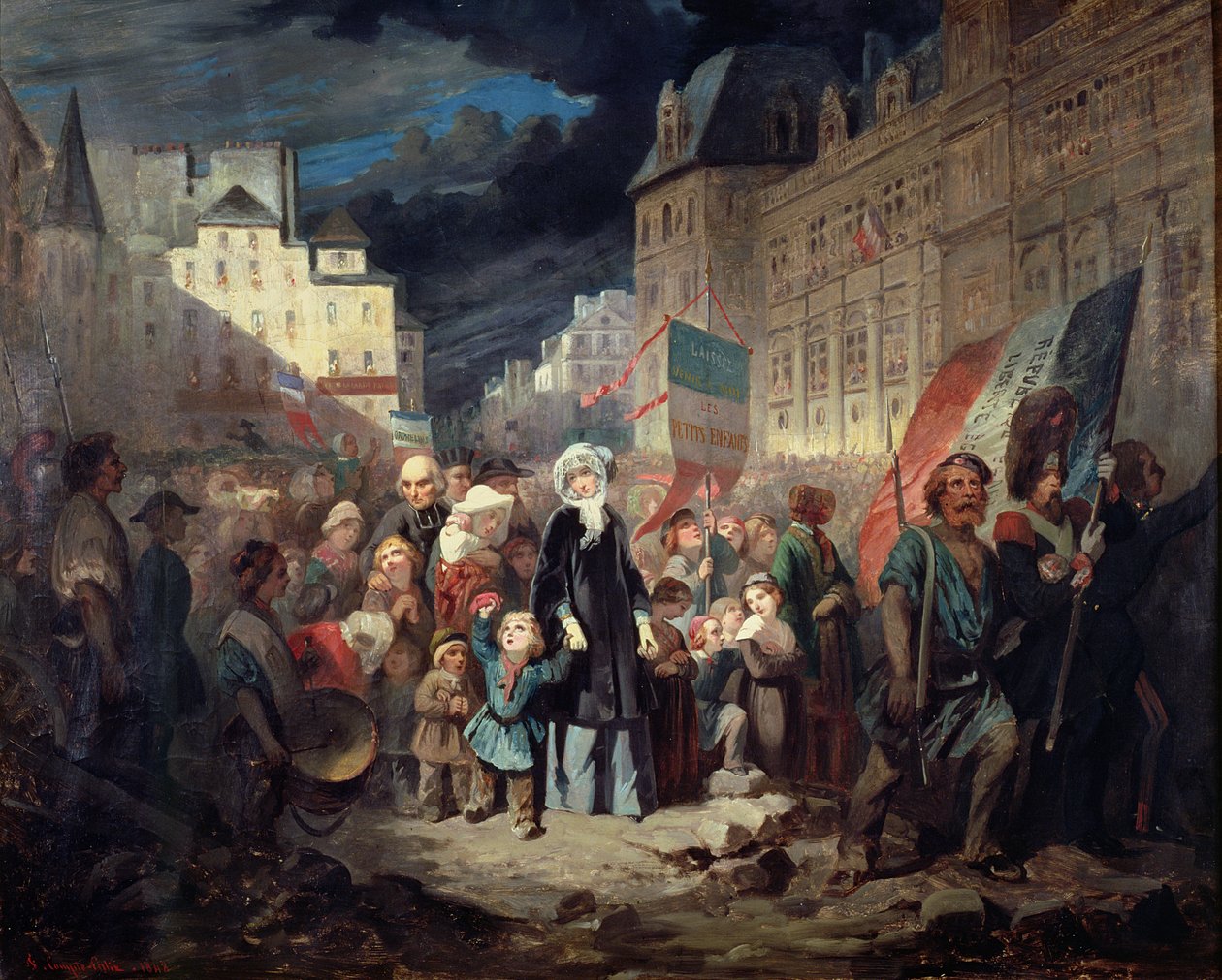 Madame Lamartine adotando os filhos dos patriotas mortos nas barricadas de Paris durante a Revolução de 1848, 1848 de Francois Claudius Compte Calix