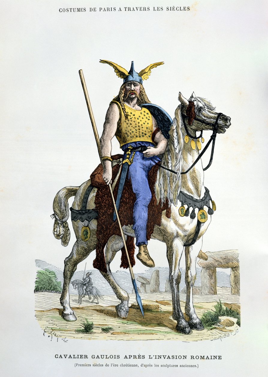 Um guerreiro gaulês após a invasão de Roma, ilustração de "Trajes de Paris a Travers les Siècles", de H. Gourdon de Genouillac, gravada por Chevauche, 1879 de Francois Edouard Zier