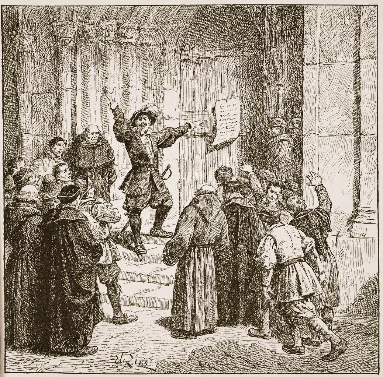 Aske que afixa sua proclamação à porta da catedral de York, ilustração "da igreja de Inglaterra: Uma história para o pessoa" por HDM Spence-Jones, bar. c.1910 (foto sépia) de Francois Edouard Zier