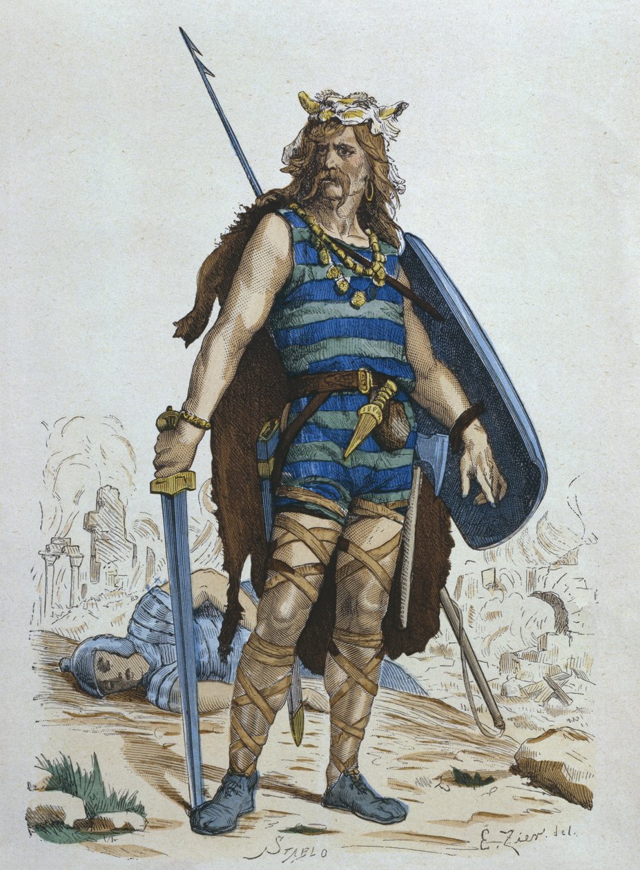 Guerreiro franco no século 5, ilustração de &39;Fantasias de Paris a les les siecles&39; por H. Gourdon de Genouillac, gravada por Stablo (século XIX) (gravura a cores) de Francois Edouard Zier