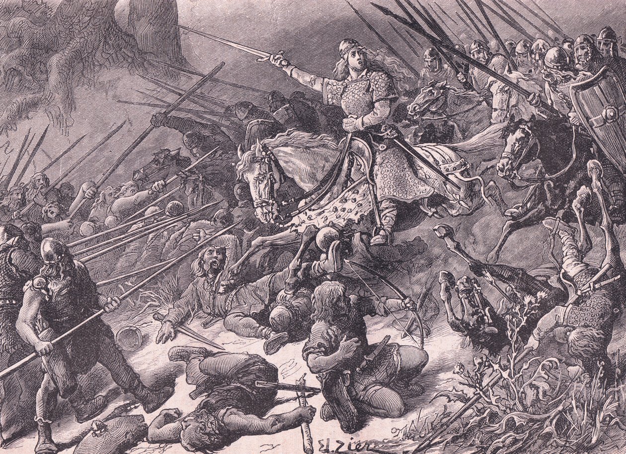 A &39;Senhora dos Mercianos&39; lutando contra o galês AD 910 de Francois Edouard Zier