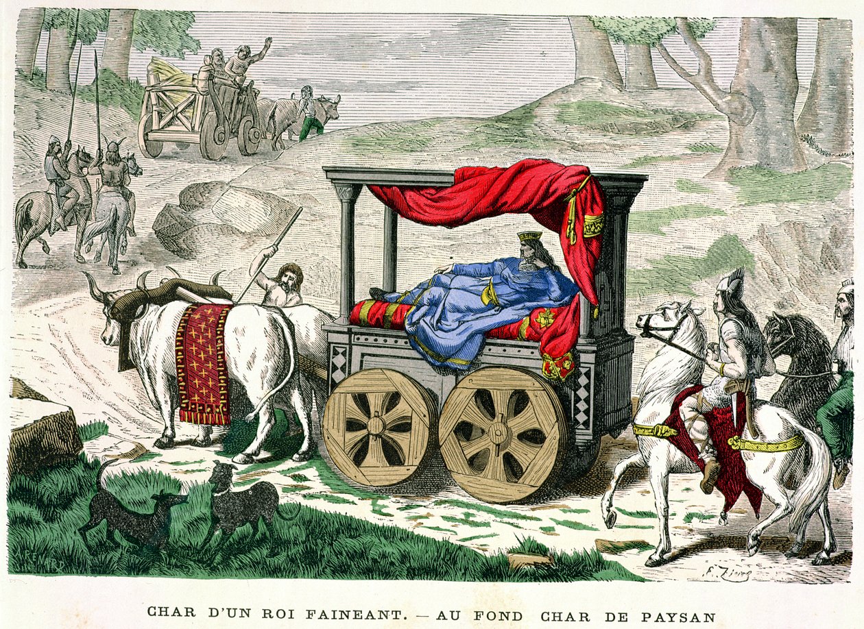 A carruagem de um dos "Rois Faineants" ou mais tarde reis merovíngios, ilustração de "Trajes de Paris a Travers les Siecles" por H. Gourdon de Genouillac, gravado por A. Renard, 1879 (colorido de Francois Edouard Zier