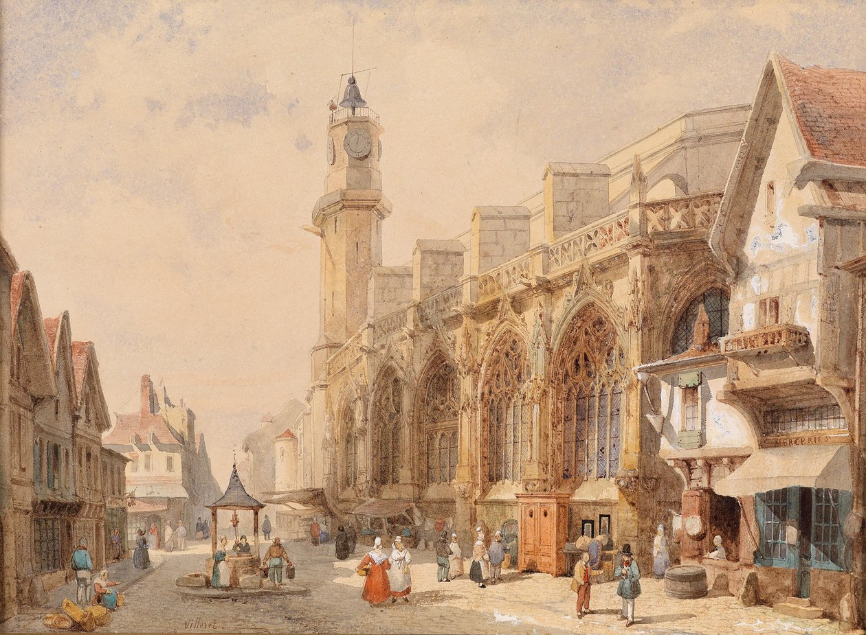 Rua da aldeia francesa com uma catedral de Francois Etienne Villeret