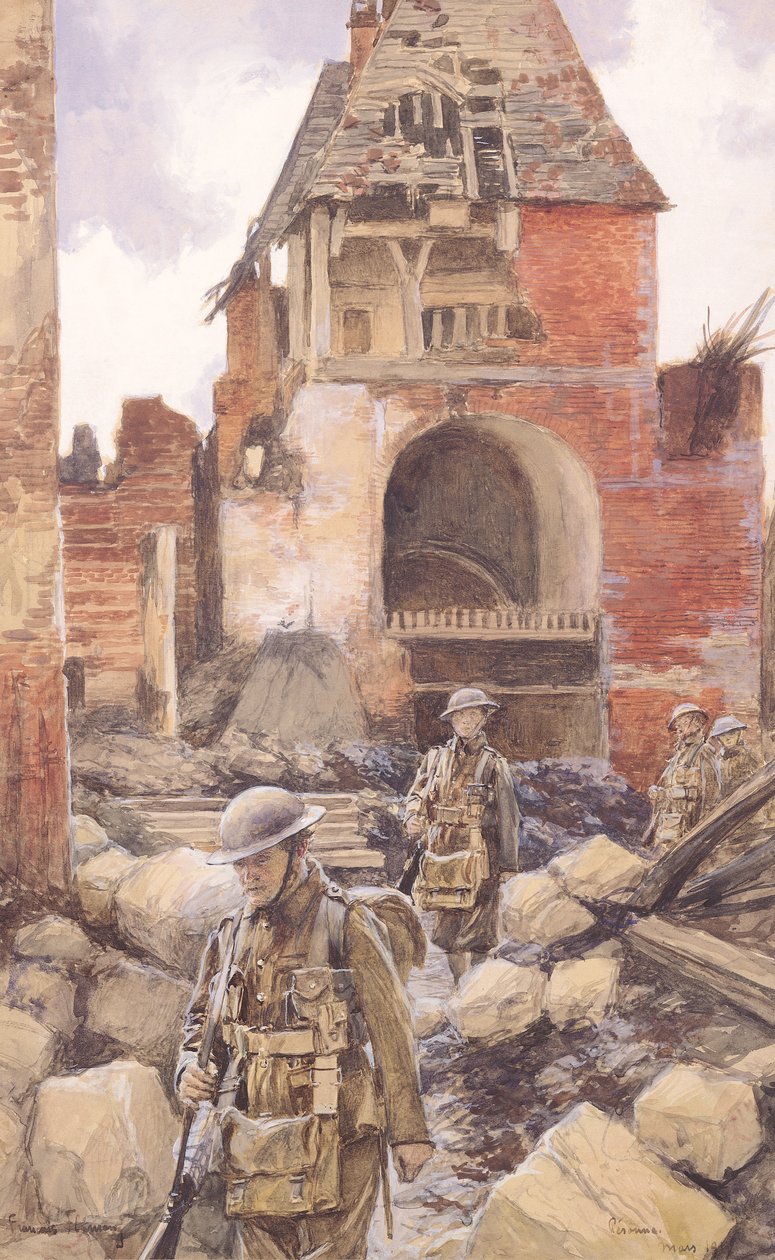 Soldados britânicos nas ruínas de Peronne, 1917 de Francois Flameng