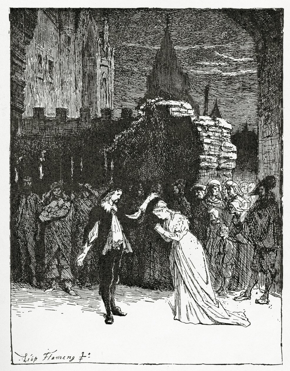 Didier se despede de Marion de Lorme, século XIX (gravura de bw) de Francois Flameng