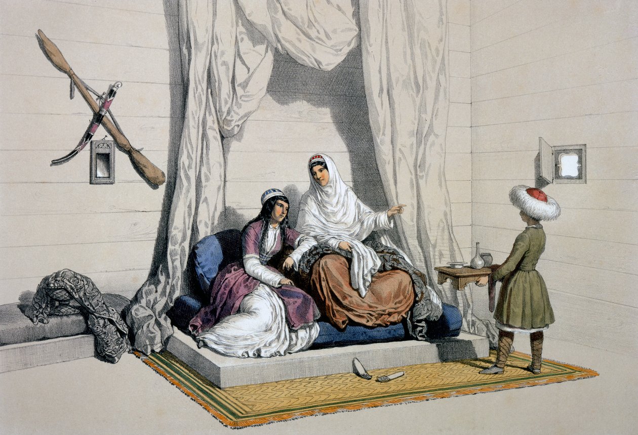 Princesas circassianas, na margem direita do Kuban, de "As Estepes do Mar Cáspio, o Cáucaso, a Crimeia e a Rússia Meridional" por Xavier Hommaire de Hell, c.1838-42 de Francois Fortune Antoine Ferogio