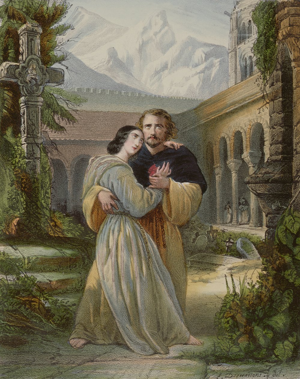 Ato Final (Ato IV) de &39;La Favourite&39; mostrando Leonora morrendo nos braços de Fernando, c.1850 de Francois Gabriel Guillaume Lepaulle