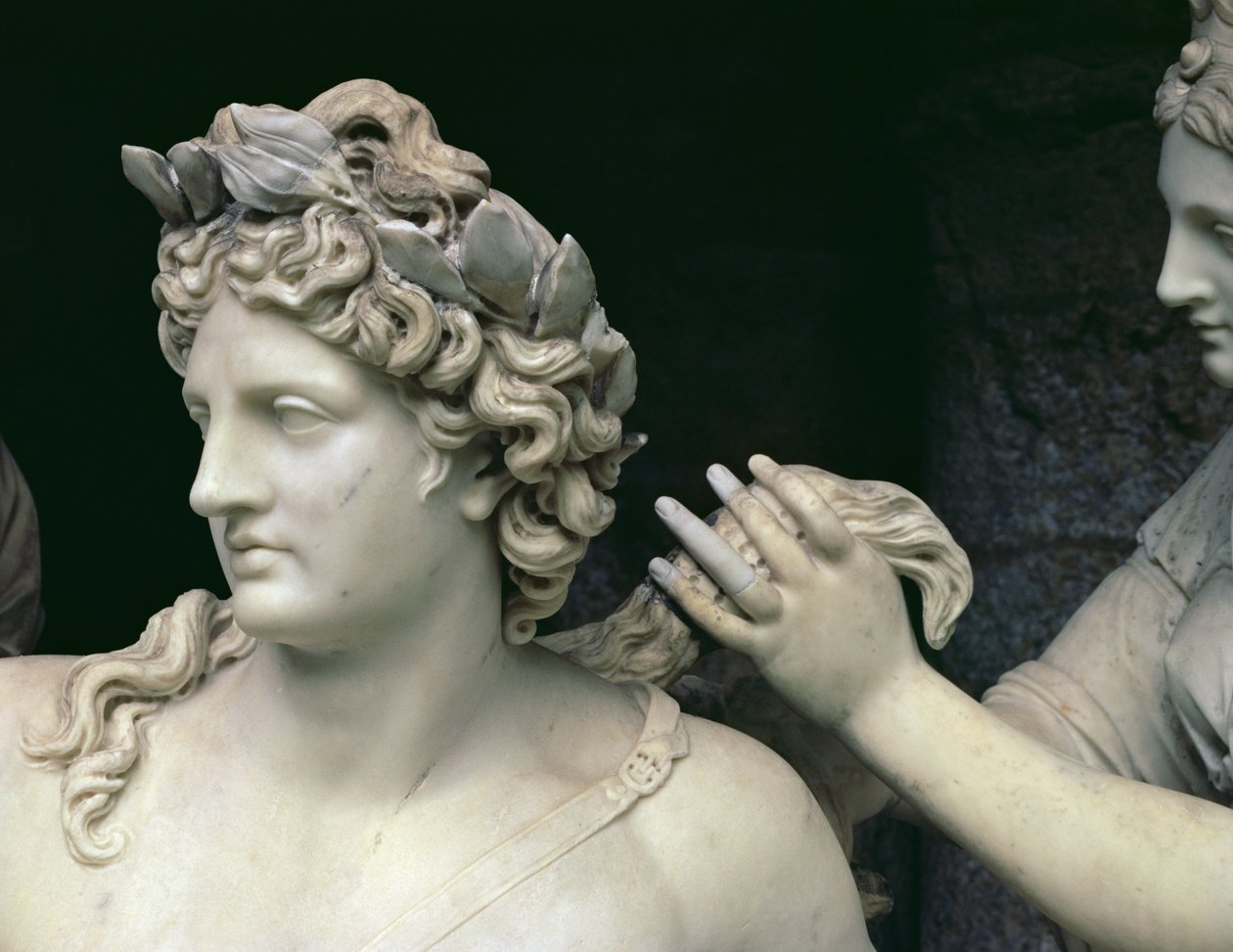 Apollo tendido pelas ninfas, detalhe que mostra a cabeça de Apollo, pretendido para a gruta de Thetis, executado com a assistência de Thomas Regnaudin 1622-1706 1666-75 detalhe de mármore de 89799 de Francois Girardon