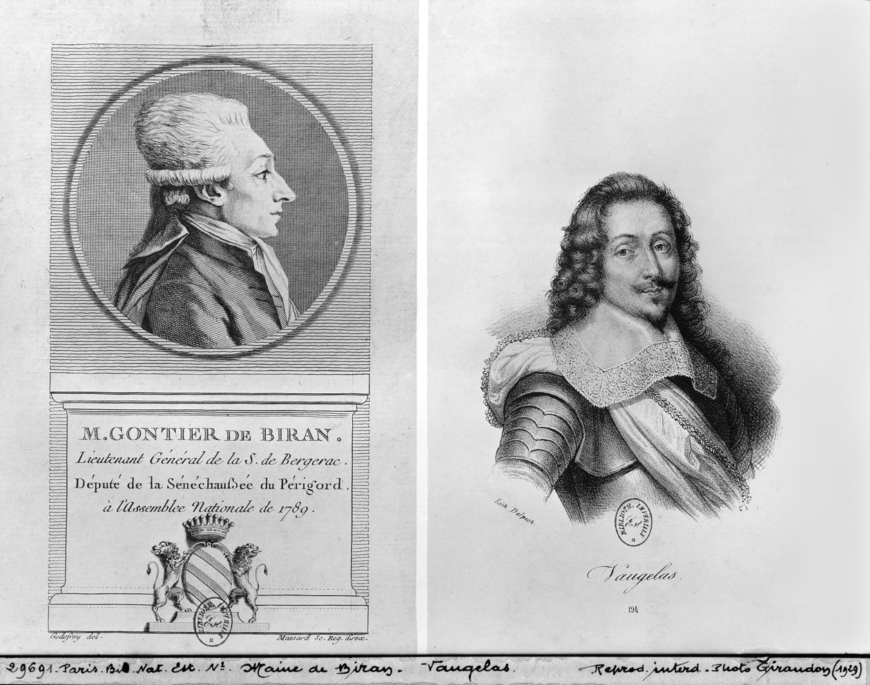 Retrato de Marie François Gontier de Biran, conhecido como Maine de Biran (1766-1824), Retrato de Claude Favre de Vaugelas (1585-1650) gravado por Francois Seraphin Delpech (1778-1825) e Massard (19) ( de Adrien Pierre Francois Godefroy