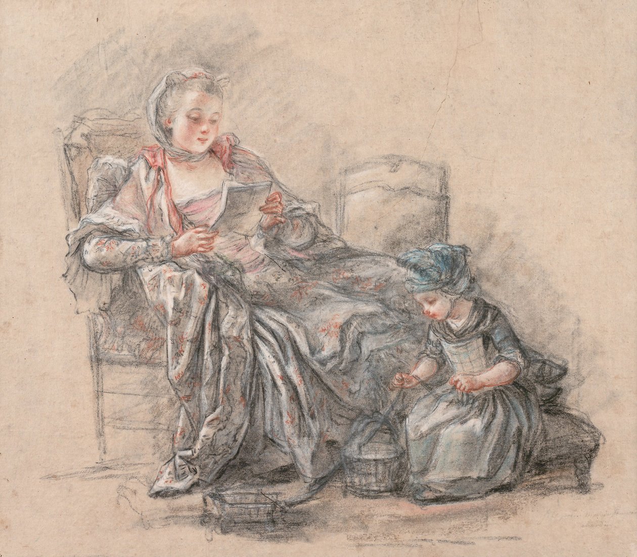 Mulher lendo e uma menina brincando (presumivelmente a Marquesa de Pompadour com sua filha Alexandrina), 1748 de Francois Guérin