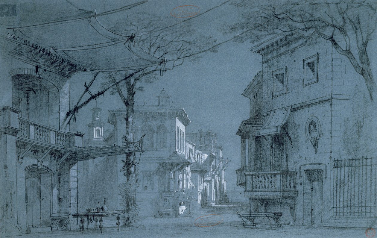 Design para o conjunto de Les Caprices de Marianne por Alfred de Musset (1810-1857) (caneta, tinta e giz de cera em papel azul) de Francois J. and Rube, Auguste A. Nolau