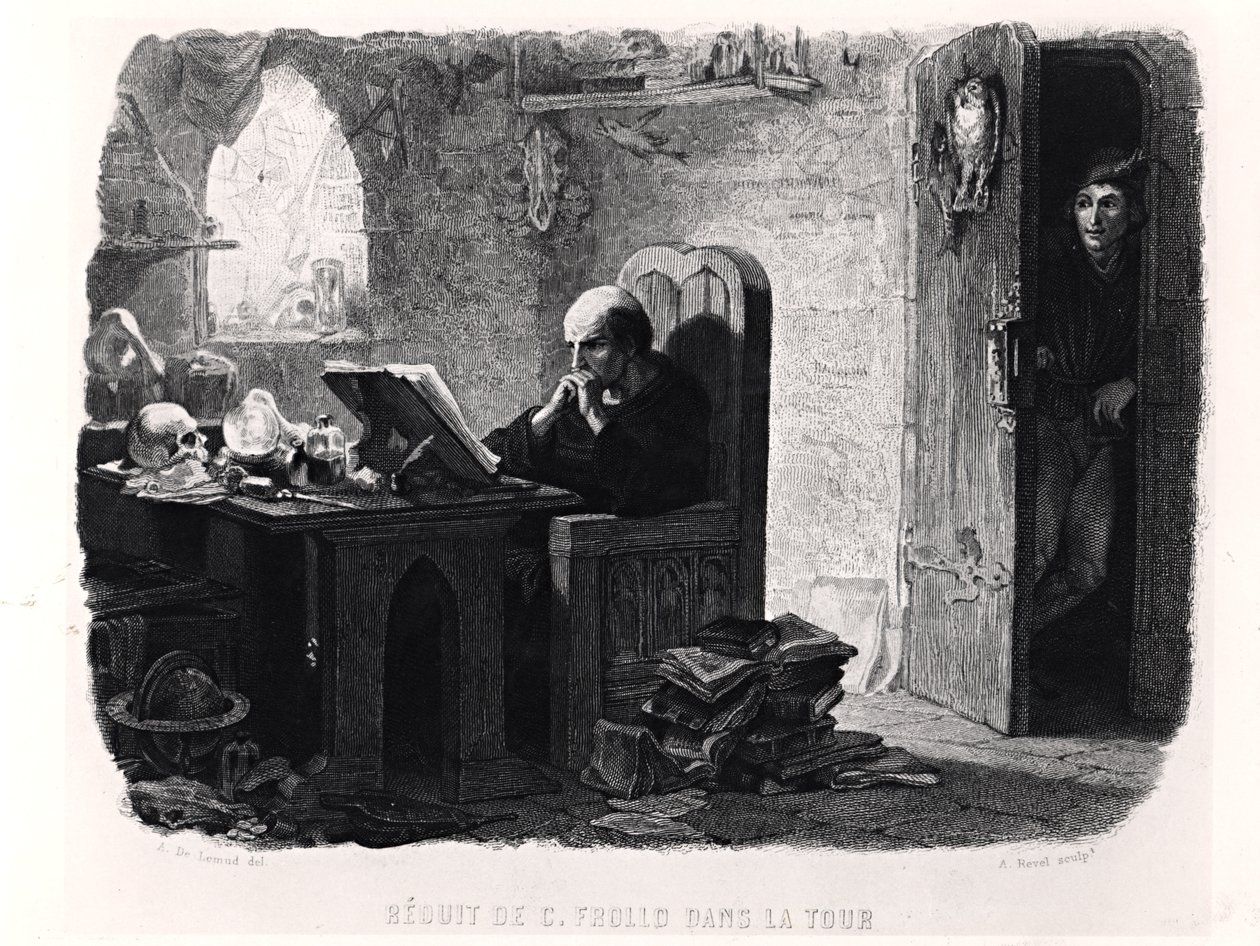 Claude Frollo na pequena sala da torre, ilustração de &39;Notre-Dame de Paris&39; (1831) por Victor Hugo (1802-85), gravada por Auguste Francois Garnier, 1844 de Francois Joseph Aime de Lemud